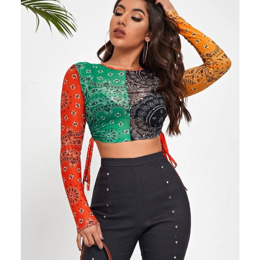 SHEIN Women Ruched Drawstring Side Paisley Colorblock Sheer Mesh Crop Top Sz L